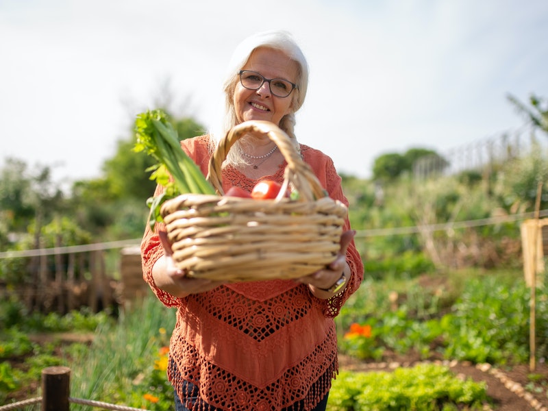 An elderly woman holding a basket of vegetables in a garden.